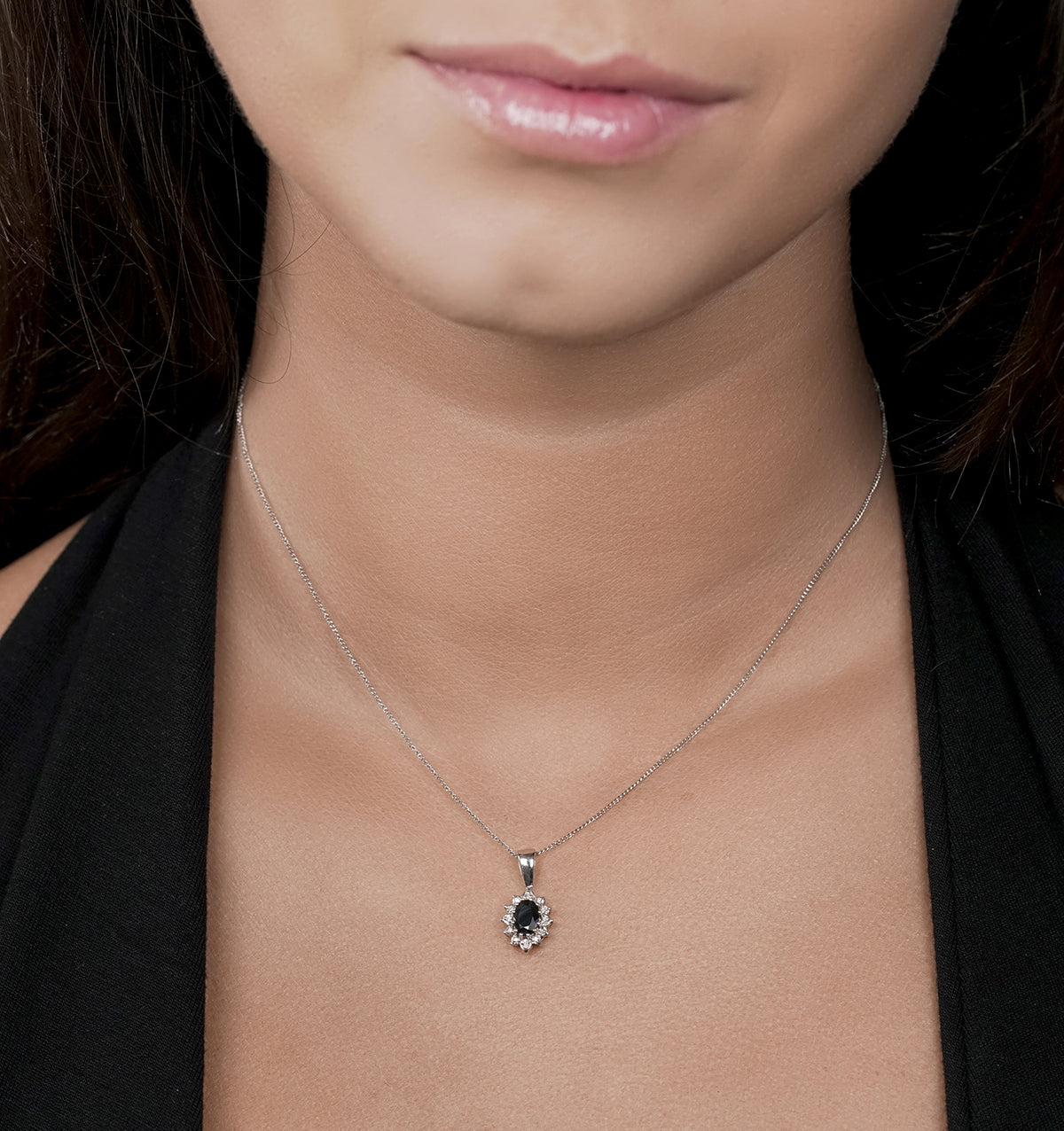 Sapphire and Diamond Cluster Pendant Necklace 6x4mm in 9K White Gold